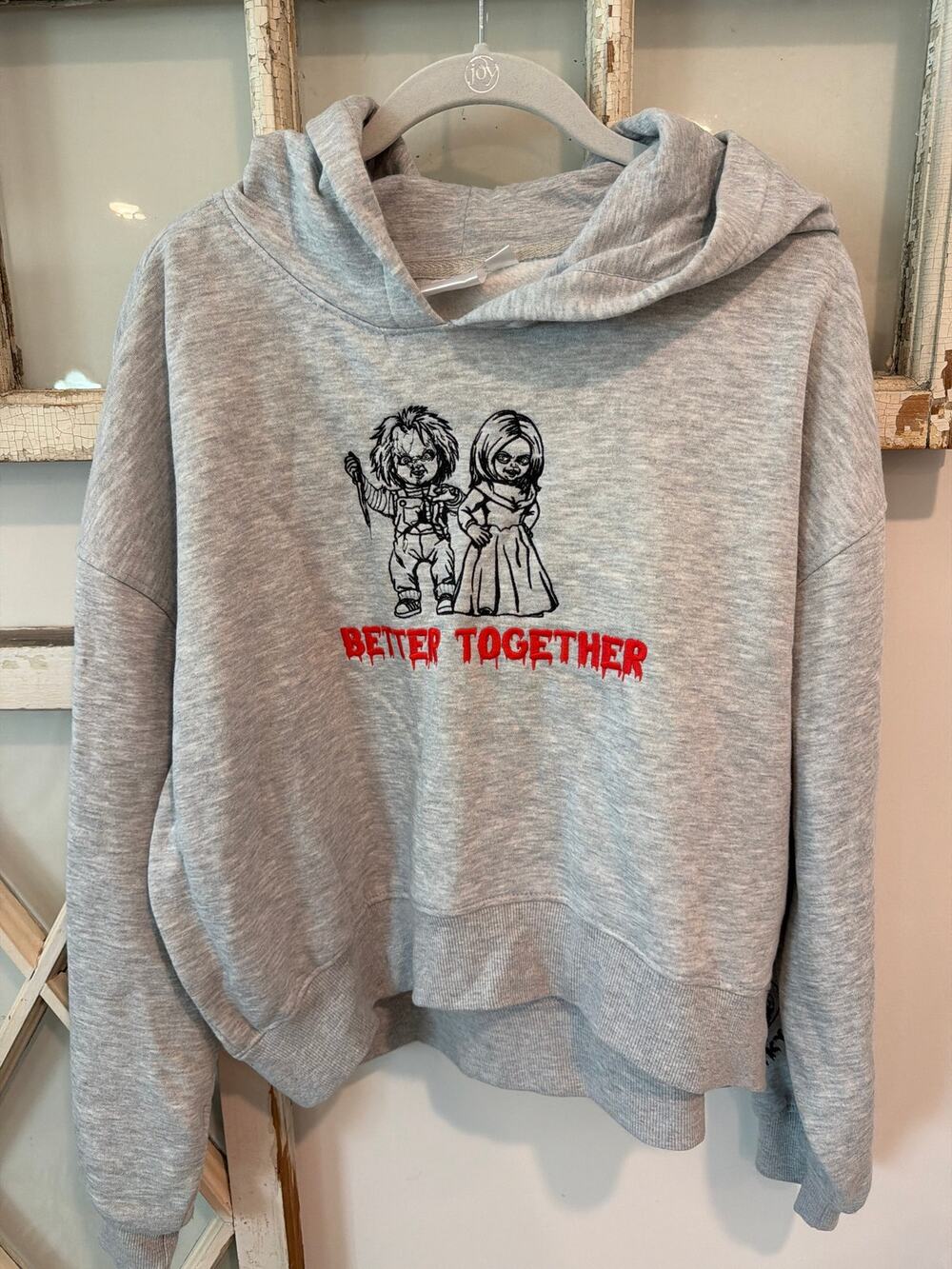 Chucky Bride Of Chucky Better Together Cropped Gray Hoodie Large